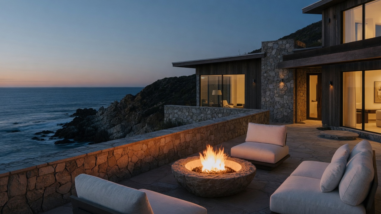 Terrace fire pit at dusk