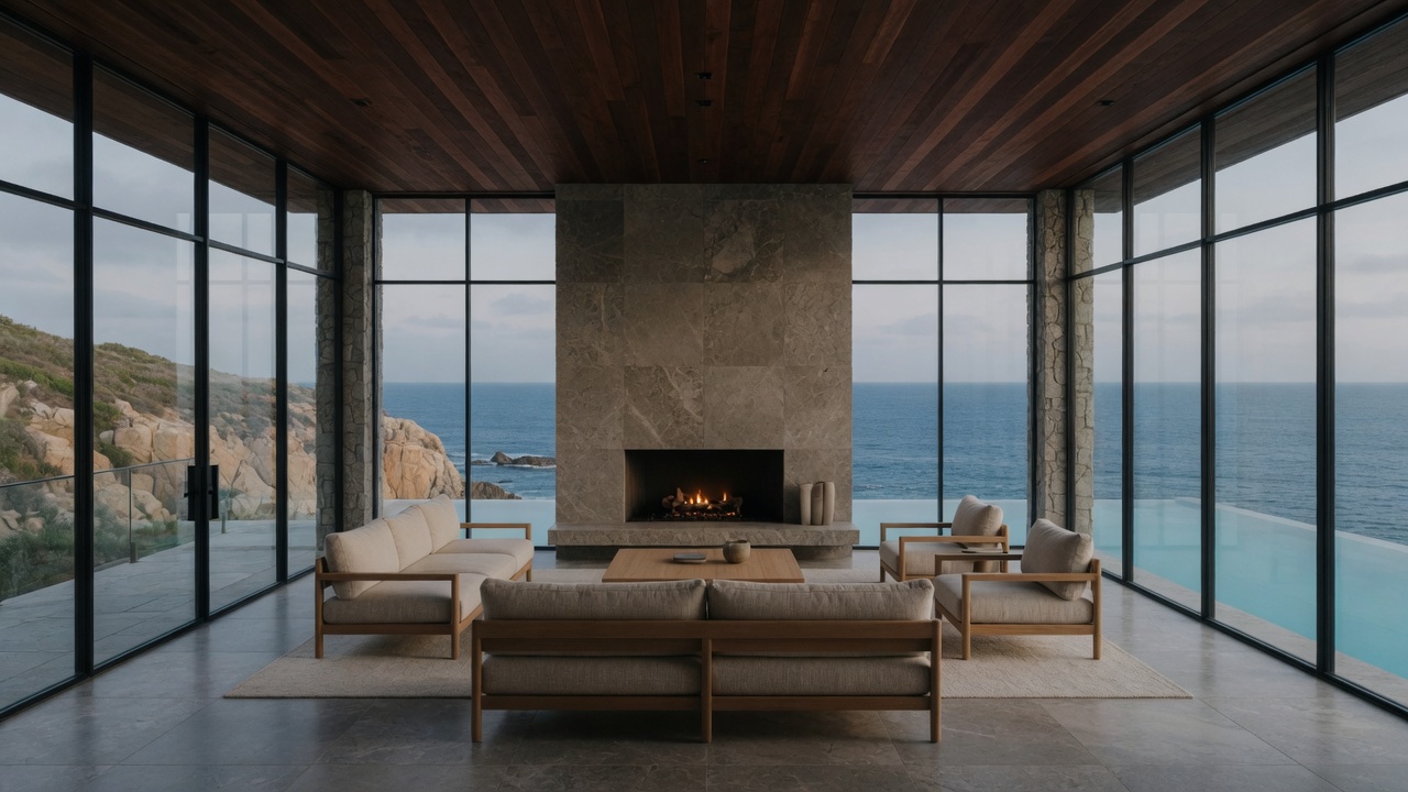 The main living room, looking out to the Pacific